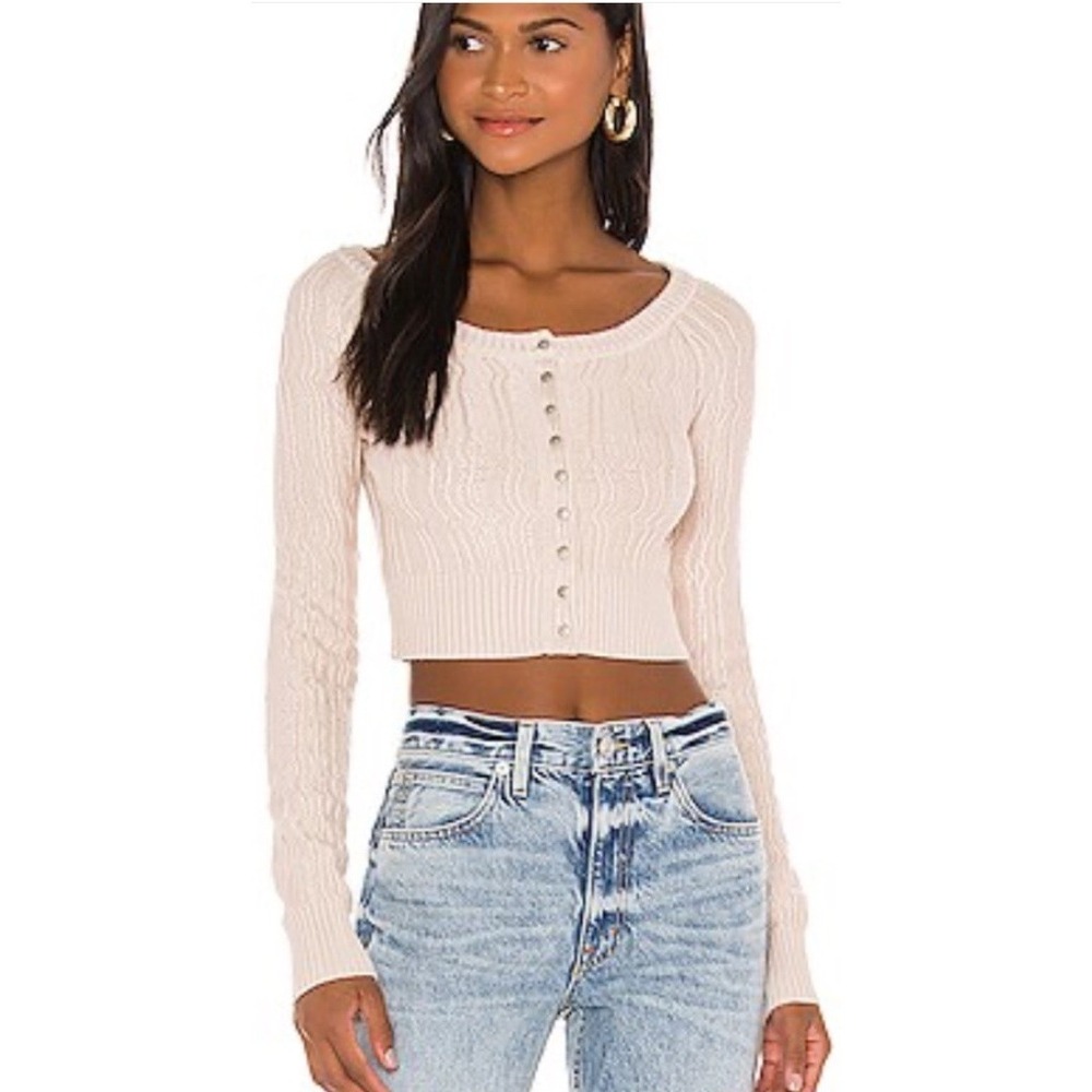 FREE PEOPLE Mimi Beige Scoop Neck Cardigan Sweater L Cropped